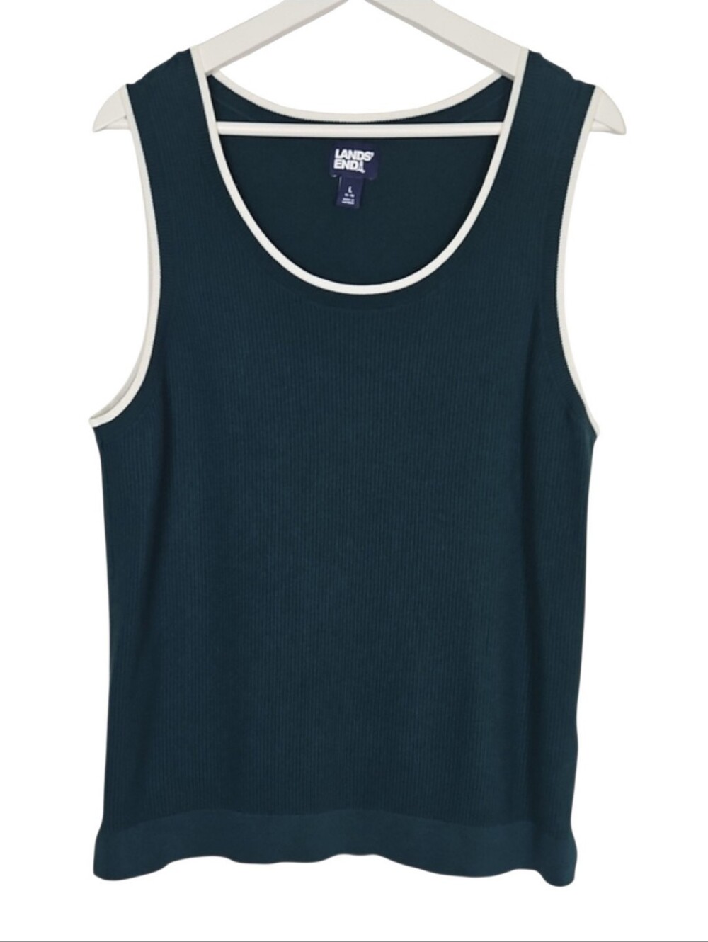 Lands' End Women's Dark Teal Green Tank with White Trim 100% Cotton Classic, L